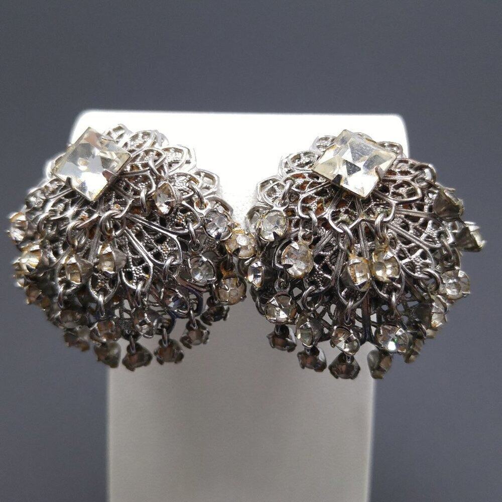 Vintage Waterfall Clip Earrings, Clear Rhinestones, Silver Tone Filigree Dangles